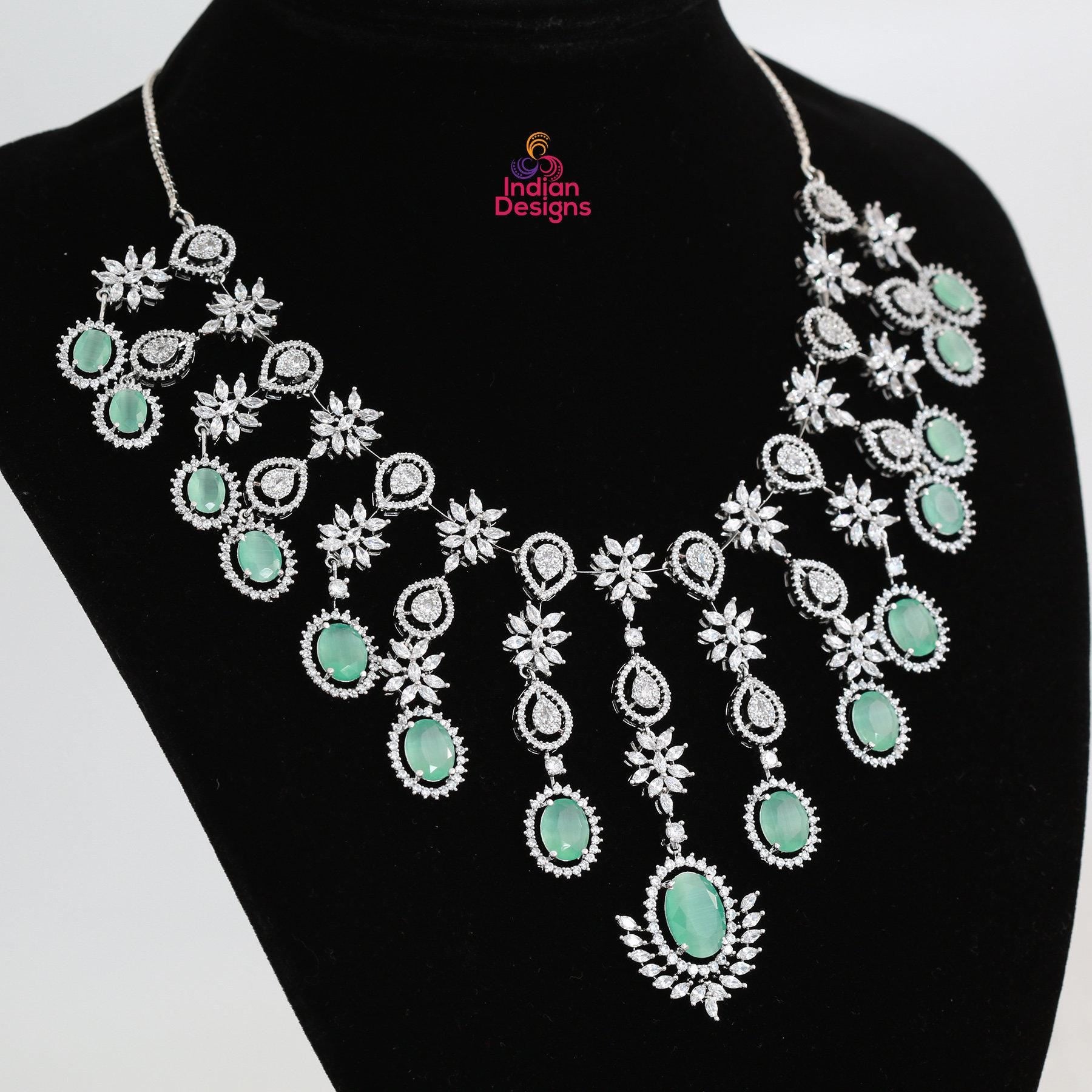 American diamond Bridal necklace set-Silver Plated | Cz Choker necklace for wedding | Unique Design Cubic Zirconia wedding necklace set