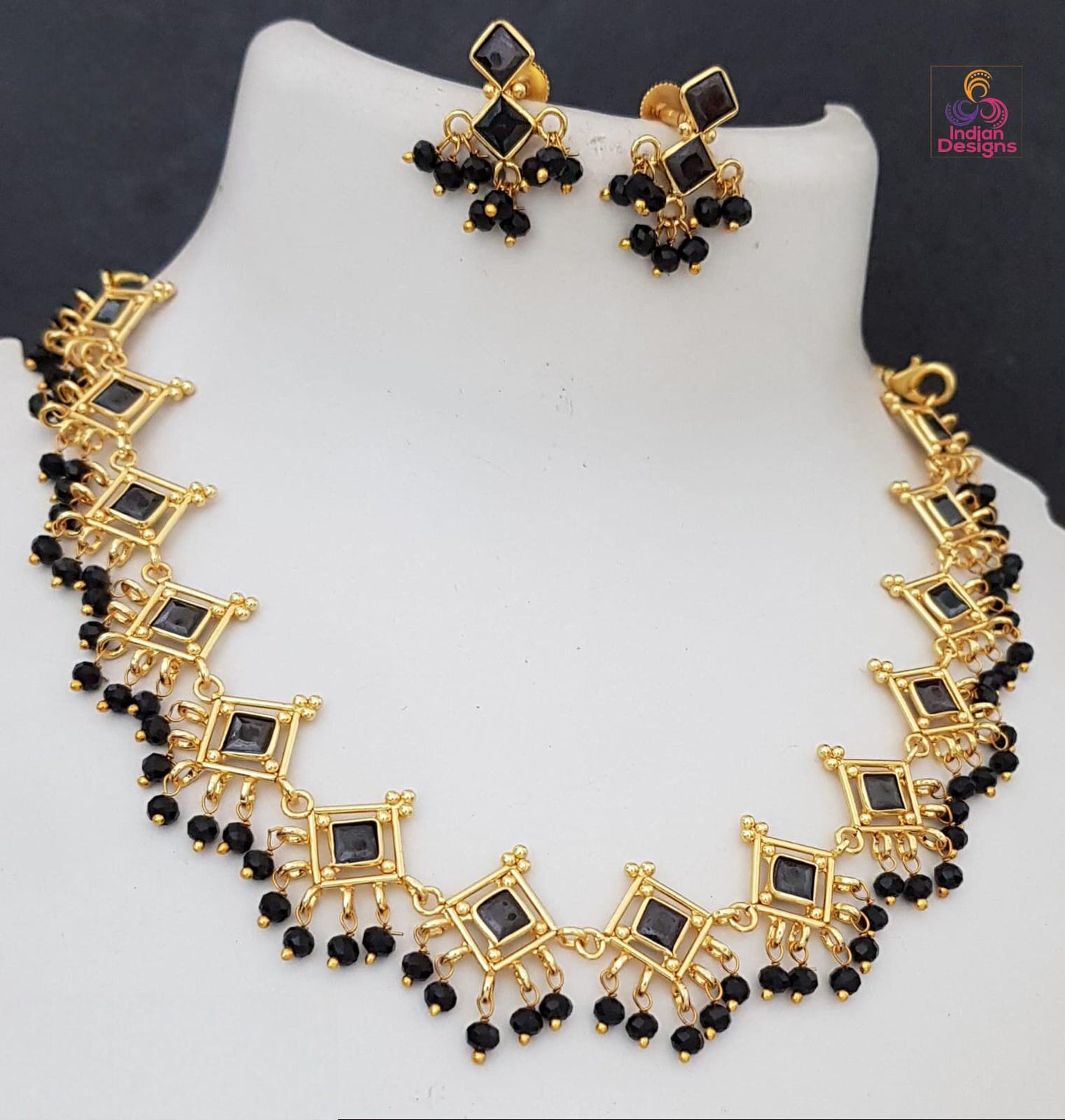 Elegant Green Beads Gold-Tone Crystal Necklace and Earrings Set| American Diamond Statement Necklace|Indian Wedding Jewelry |Gift for her