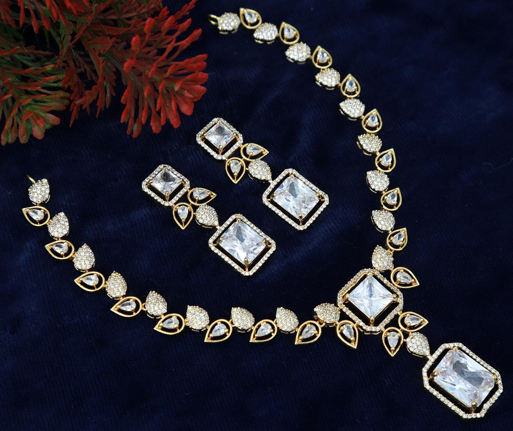 Gold Plated Necklace and Earrings Set with American Diamond Mint Green - Luxurious Teardrop and Square Gemstone Jewelry Set| Gift For Her