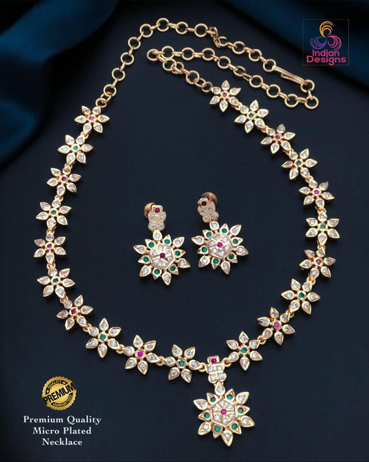 Gold Floral CZ Necklace Earring Set with Ruby & Emerald| Statement Indian necklace| American Diamond Jewelry| AD stone Gold plated Necklace