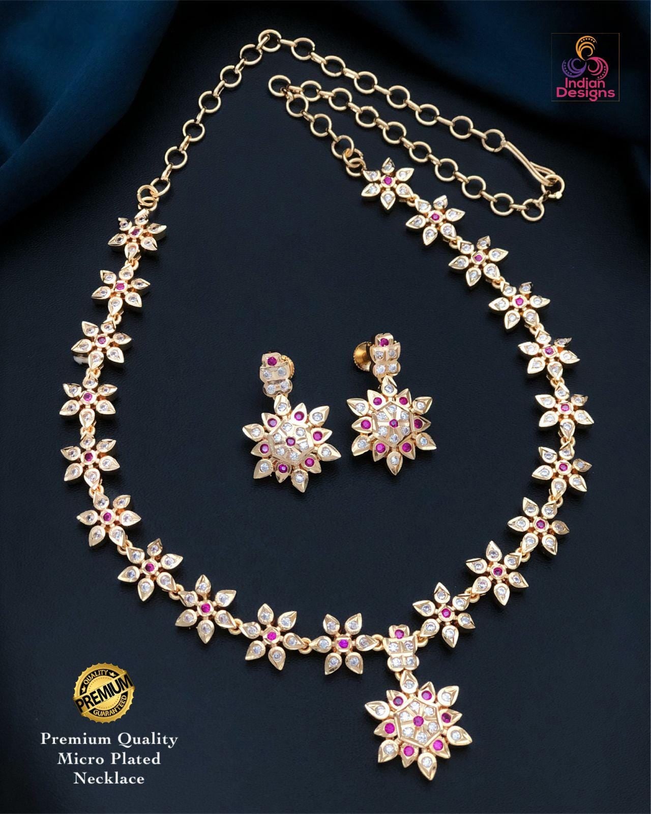 Gold Floral CZ Necklace Earring Set with Ruby & Emerald| Statement Indian necklace| American Diamond Jewelry| AD stone Gold plated Necklace