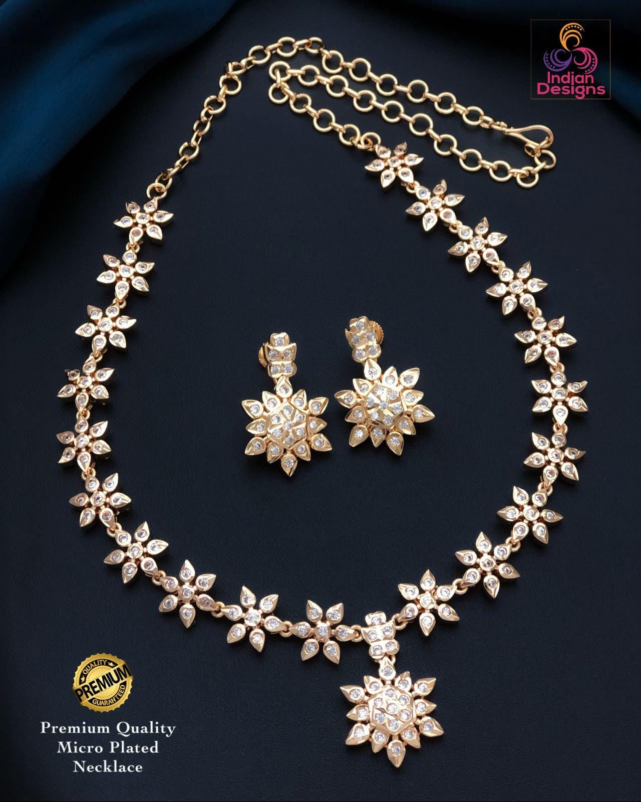 Gold Floral CZ Necklace Earring Set with Ruby & Emerald| Statement Indian necklace| American Diamond Jewelry| AD stone Gold plated Necklace