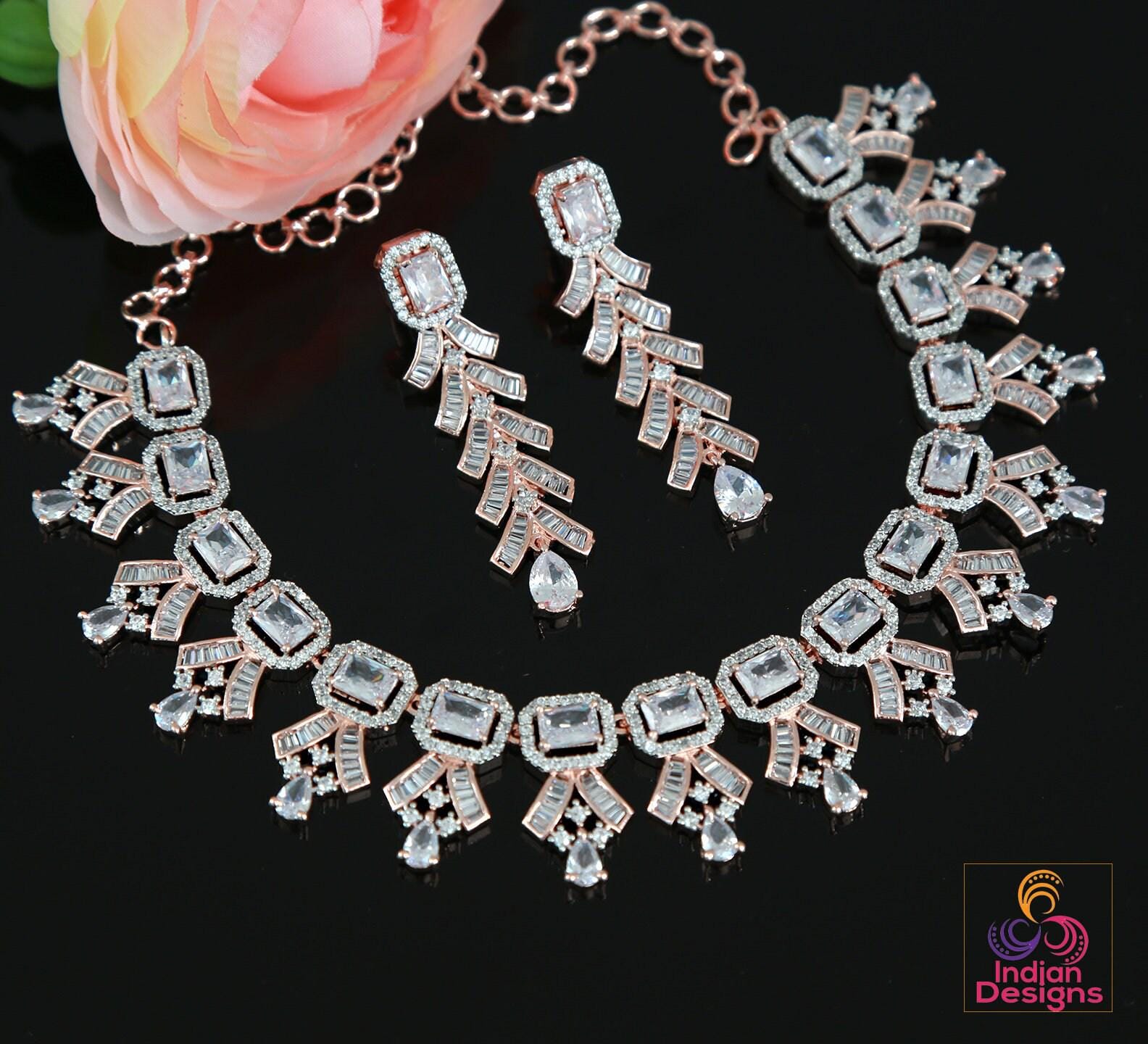 Rose gold American diamond necklace set | Pink CZ diamond necklace set | Emerald cut crystal necklace | Indian Bollywood jewelry Necklace
