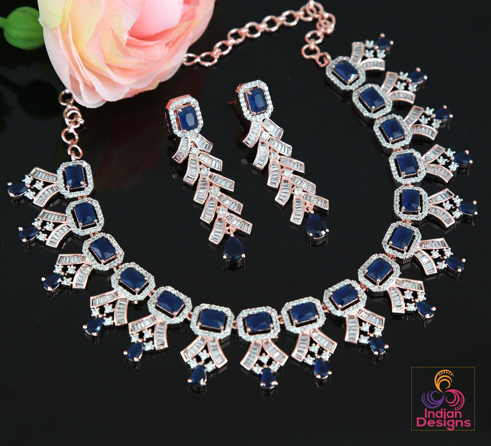 Rose gold American diamond necklace set | Pink CZ diamond necklace set | Emerald cut crystal necklace | Indian Bollywood jewelry Necklace