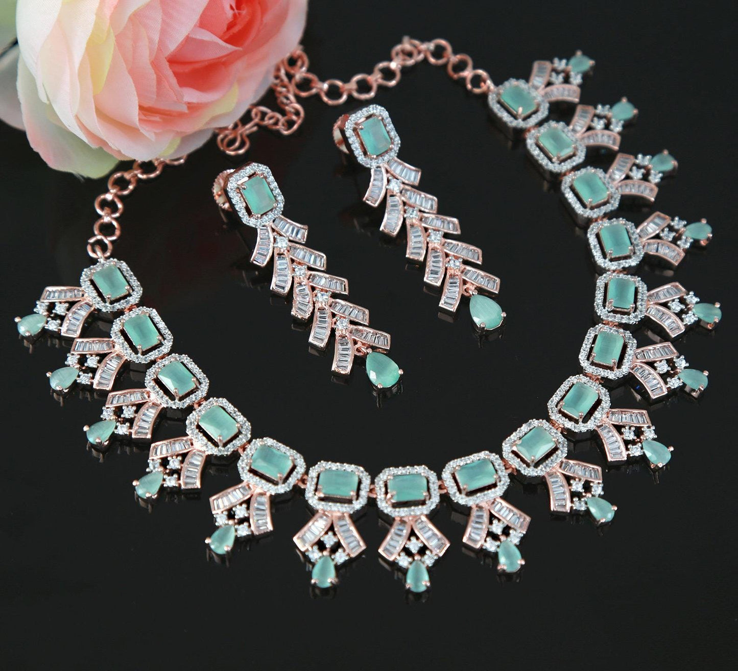 Rose gold American diamond necklace set | Pink CZ diamond necklace set | Emerald cut crystal necklace | Indian Bollywood jewelry Necklace