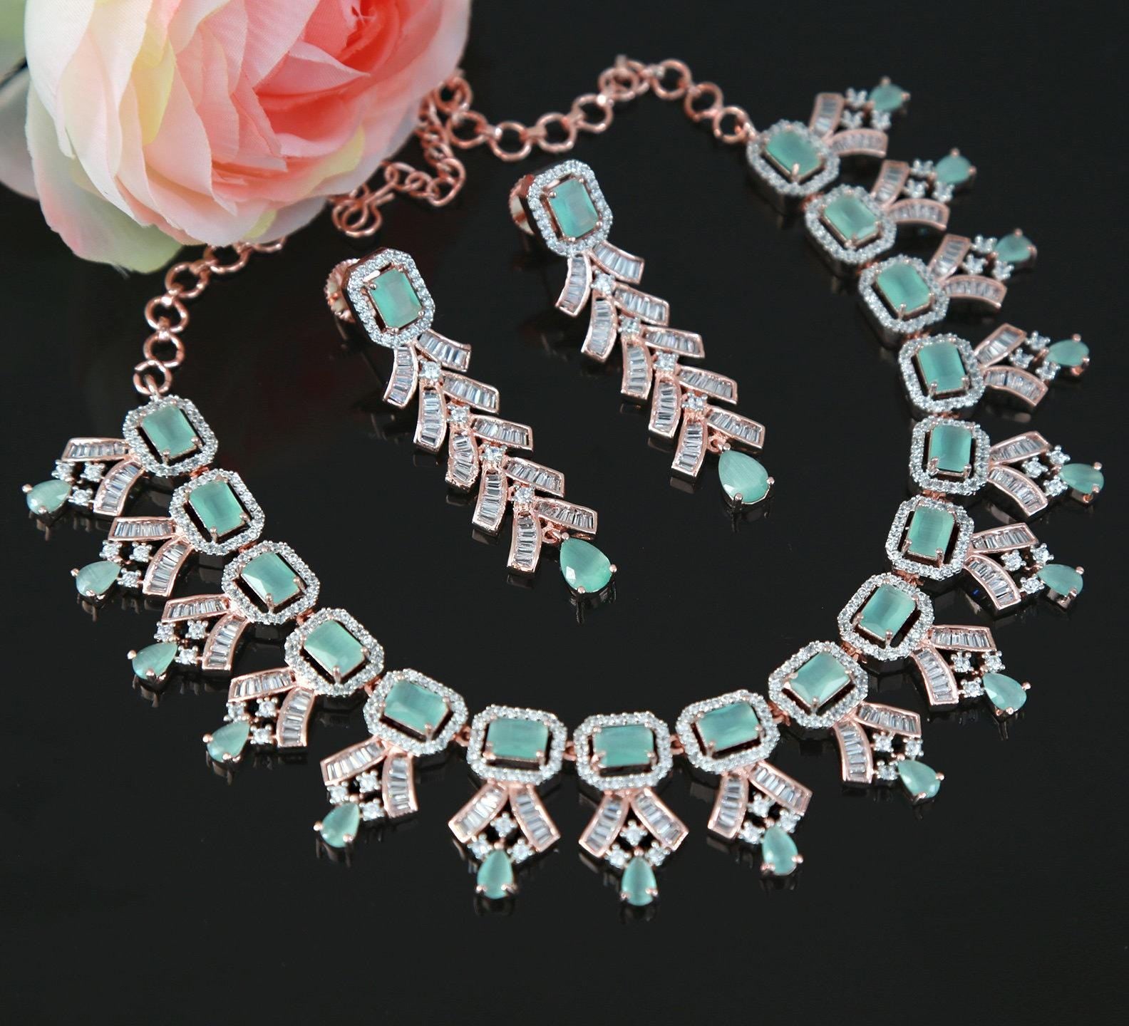 Rose gold American diamond necklace set | Pink CZ diamond necklace set | Emerald cut crystal necklace | Indian Bollywood jewelry Necklace