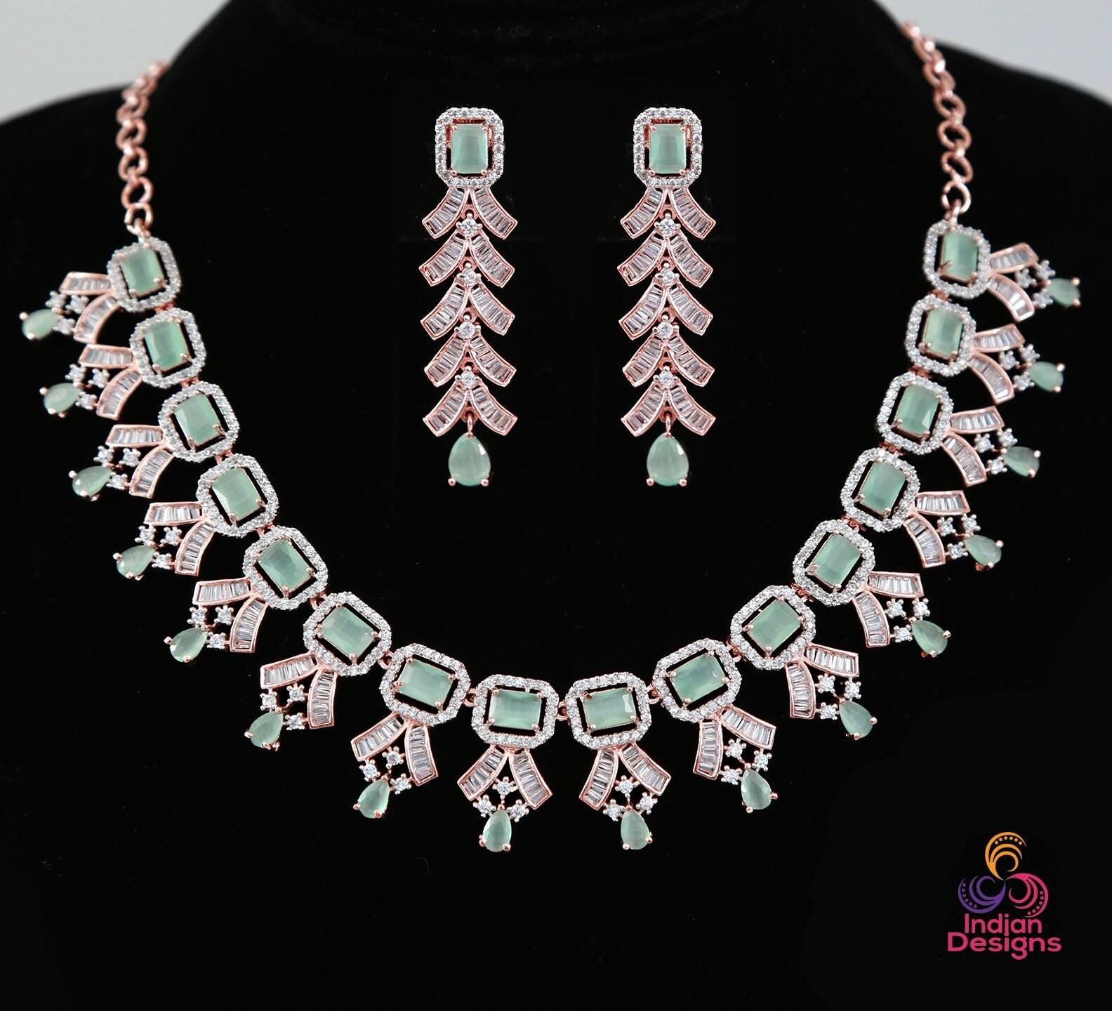Rose gold American diamond necklace set | Pink CZ diamond necklace set | Emerald cut crystal necklace | Indian Bollywood jewelry Necklace