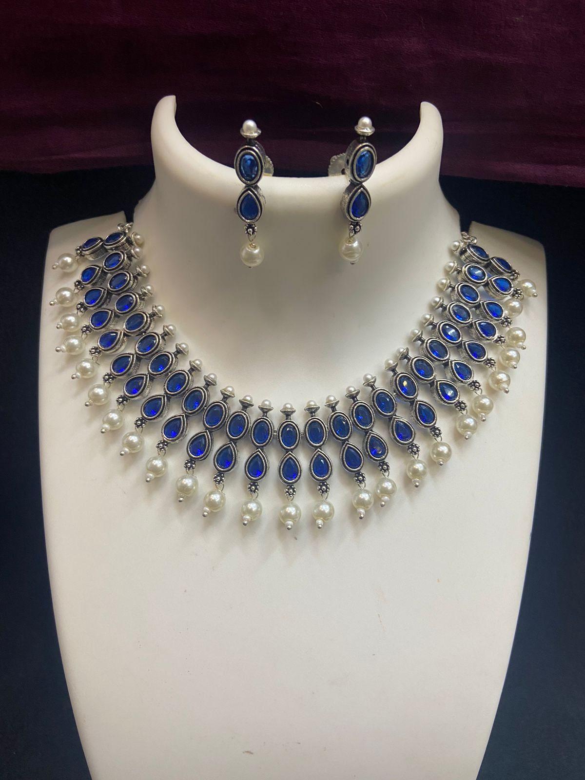 Oxidized German Silver Choker necklace set with stone work | Bollywood style Trend setting Antique silver tone Party wear statement jewelry