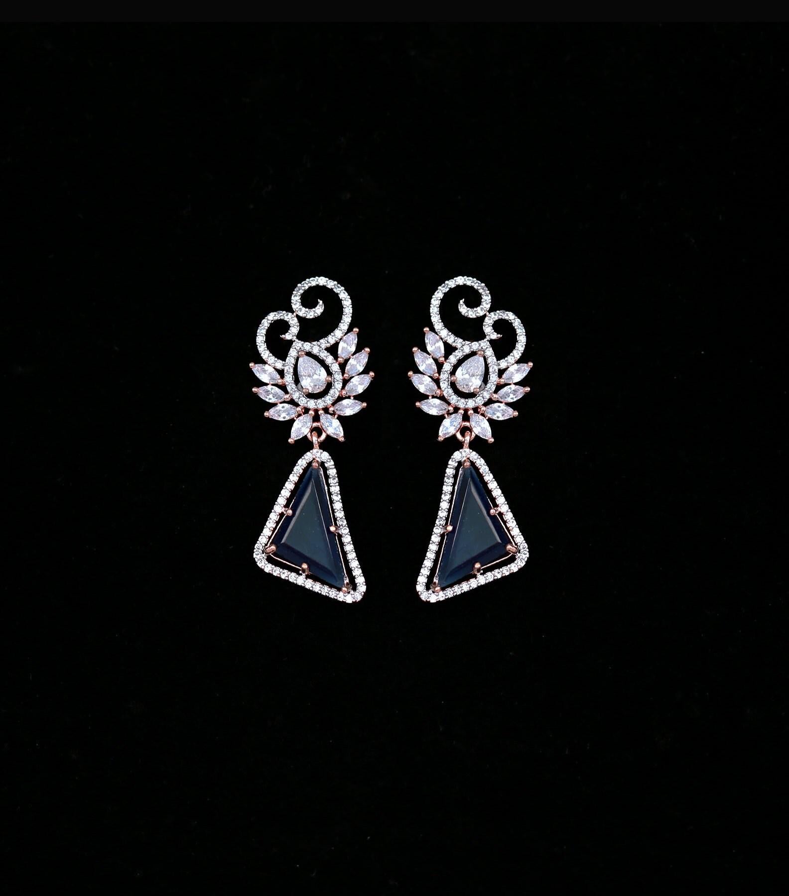 Rose gold triangle dangle earrings/Pink acrylic stone small drop earrings/yellow acrylic earrings/American Diamond Earrings