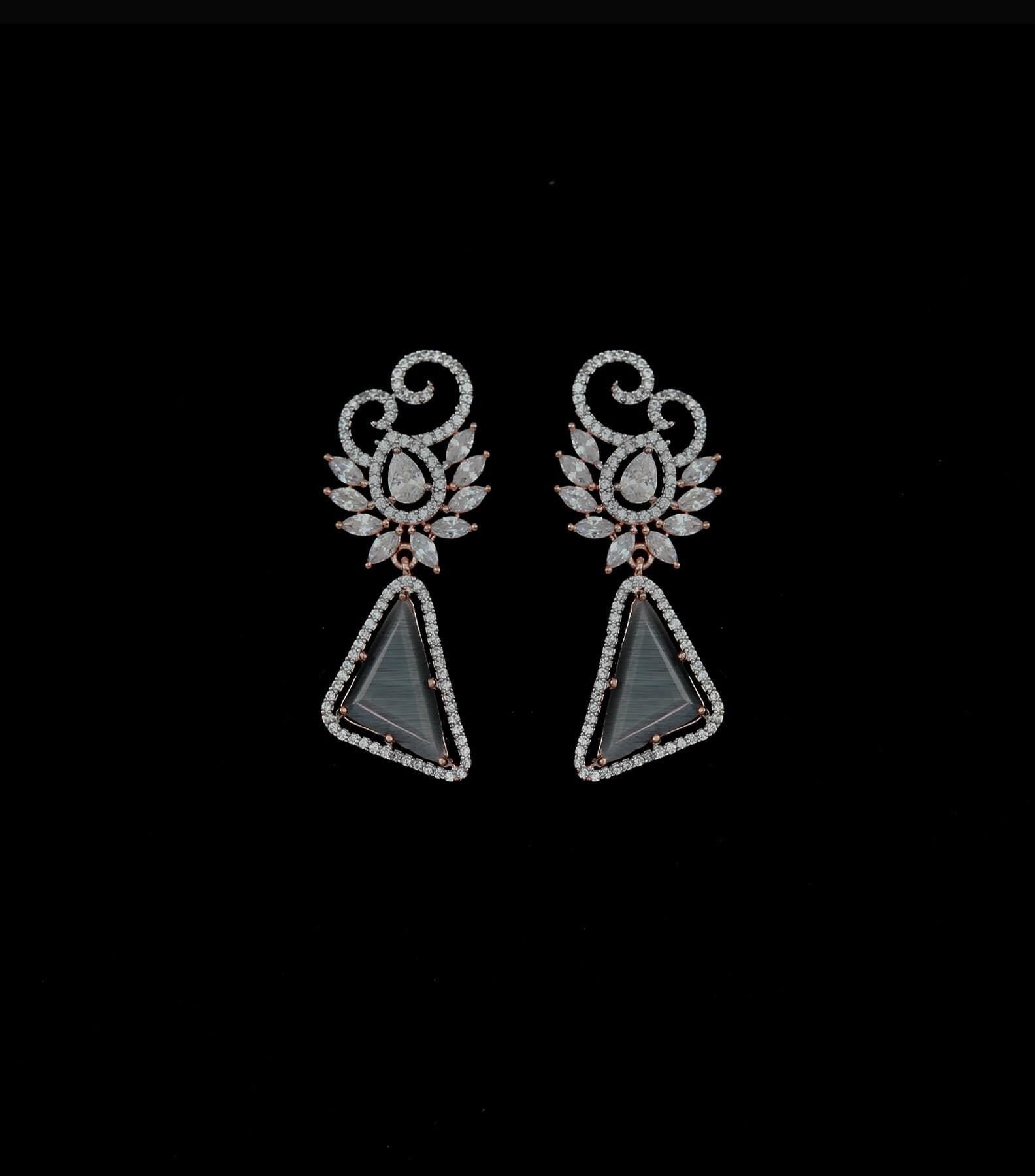 Rose gold triangle dangle earrings/Pink acrylic stone small drop earrings/yellow acrylic earrings/American Diamond Earrings