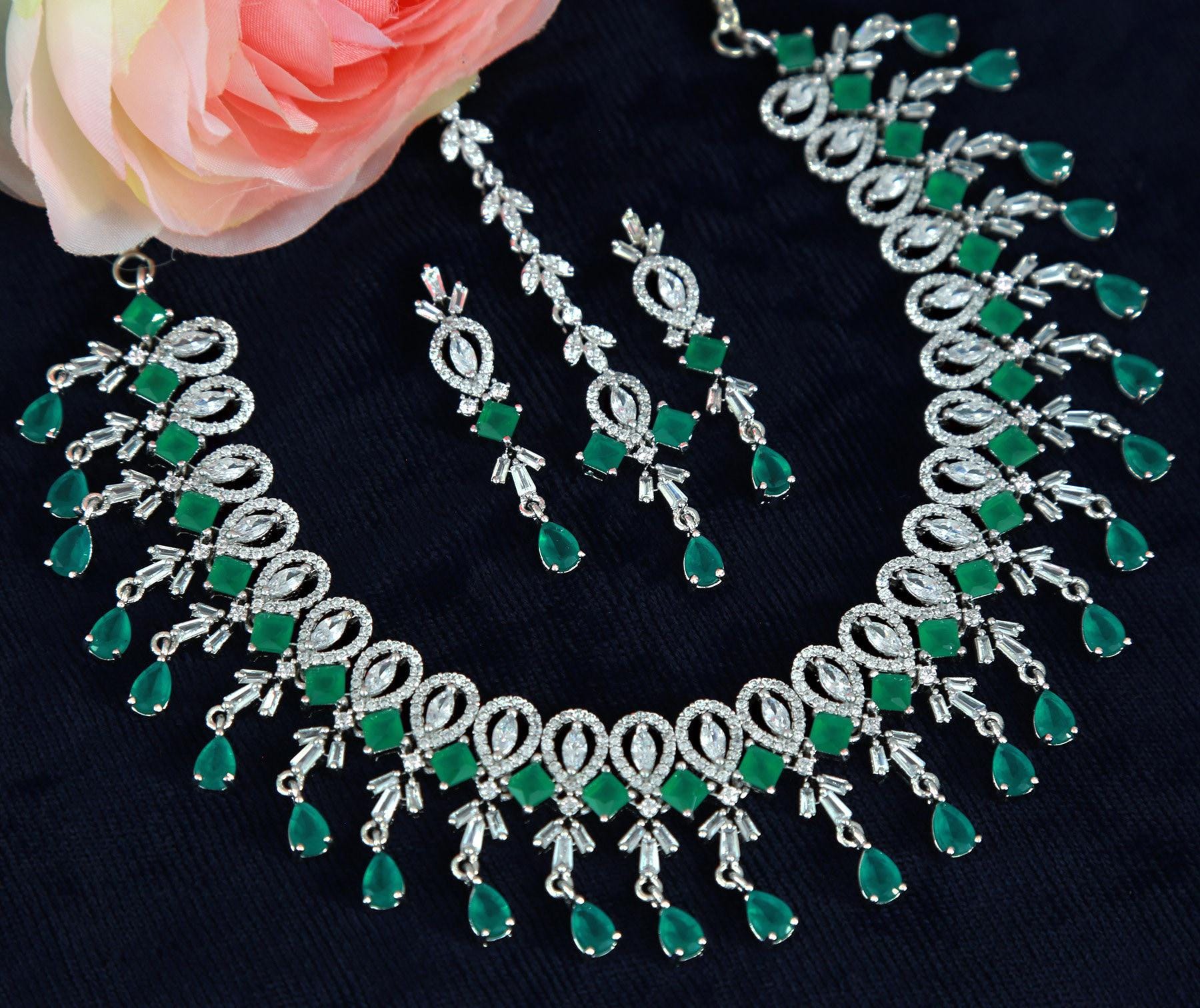 Silver american diamond crystal necklace earring set| ad stone
