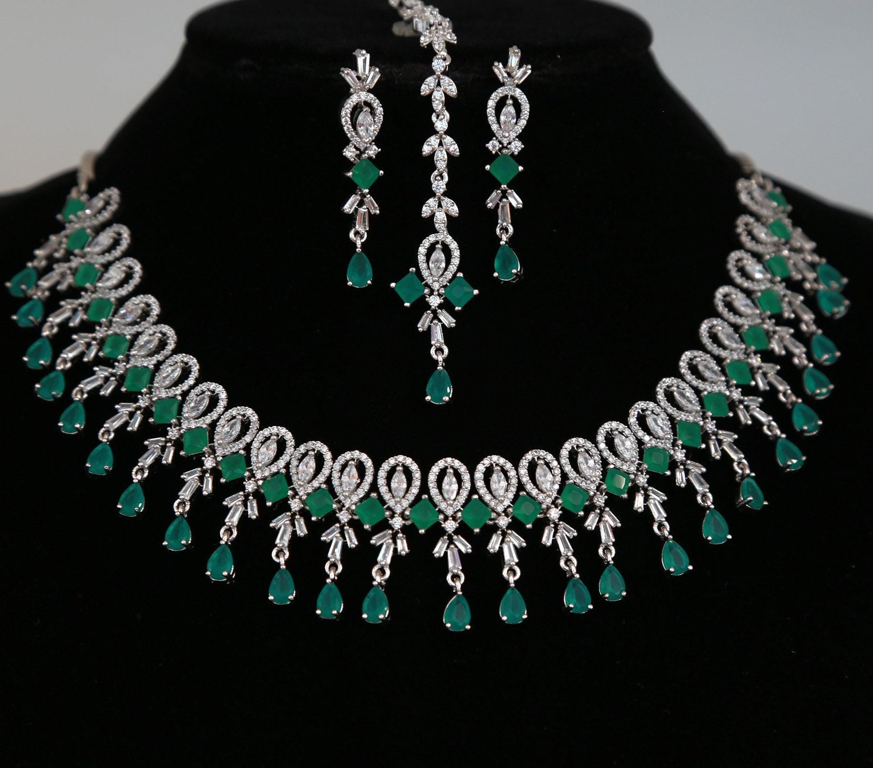 Silver american diamond crystal necklace earring set| ad stone