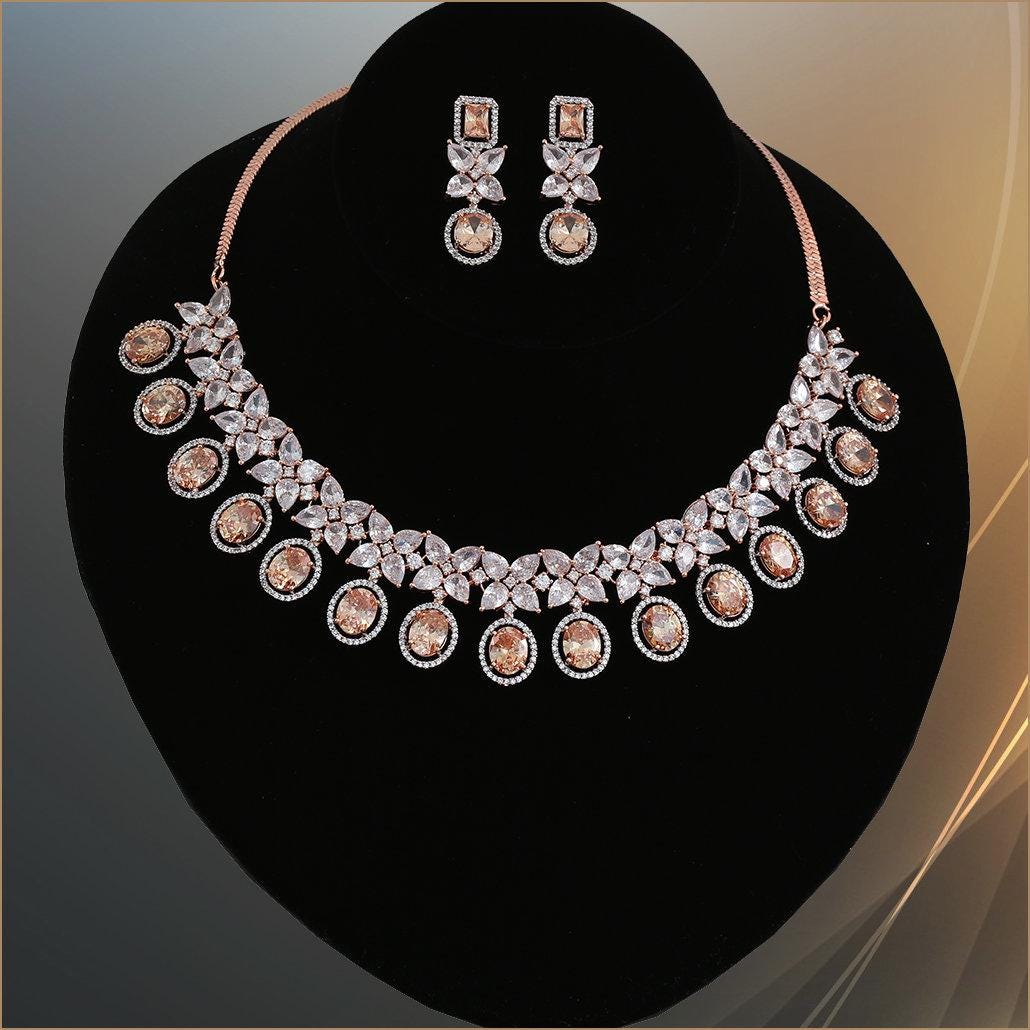 Rose gold polish american diamond topaz/pink/sapphire blue- stone choker necklace earring set| indian wedding jewelry set| gift for her