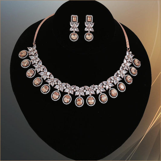 Rose gold polish american diamond topaz/pink/sapphire blue- stone choker necklace earring set| indian wedding jewelry set| gift for her