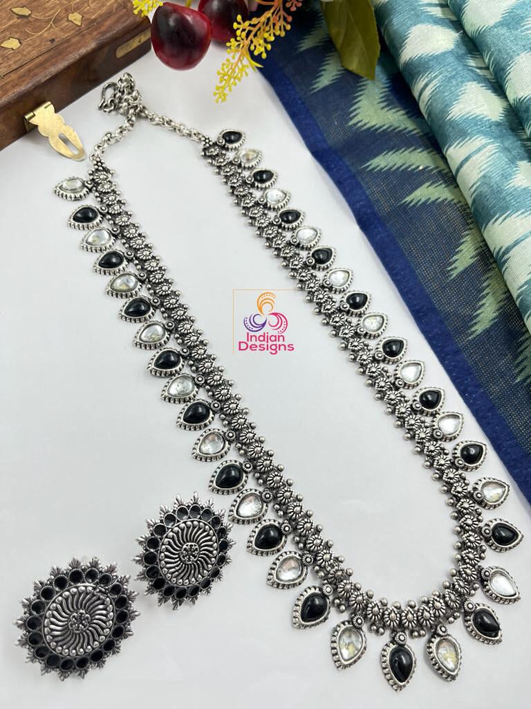 High Quality German Silver Oxidized Long Necklace Jewelry set | Indian Bollywood Necklace | Antique Silver Long Necklace