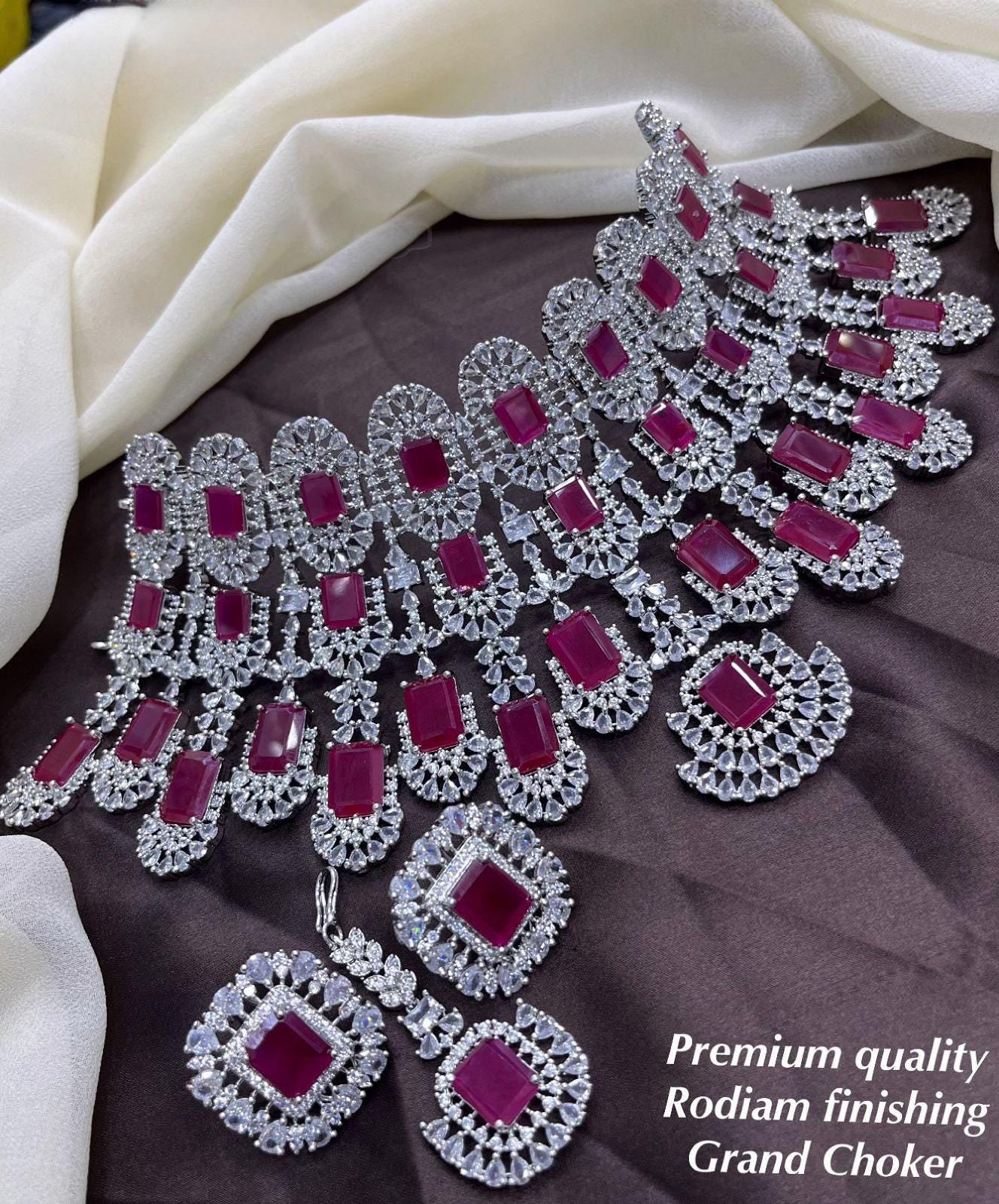 Kiara Advani Wedding Choker Necklace|Bollywood Wedding Jewelry|Emerald CZ Diamond Necklace|Green stone Statement American diamond Bridal set