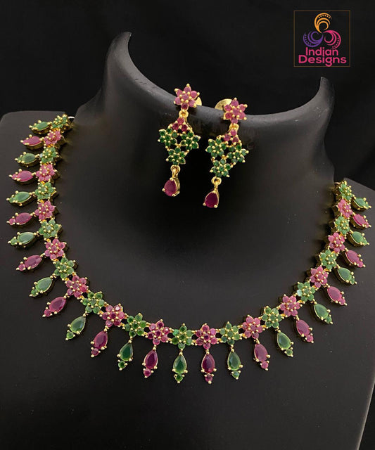 CZ Stone Floral Necklace Set| Ruby & Green Choker Necklace Earrings|Gold Plated American Diamond Wedding Jewelry|Indian Jewelry|Gift for her