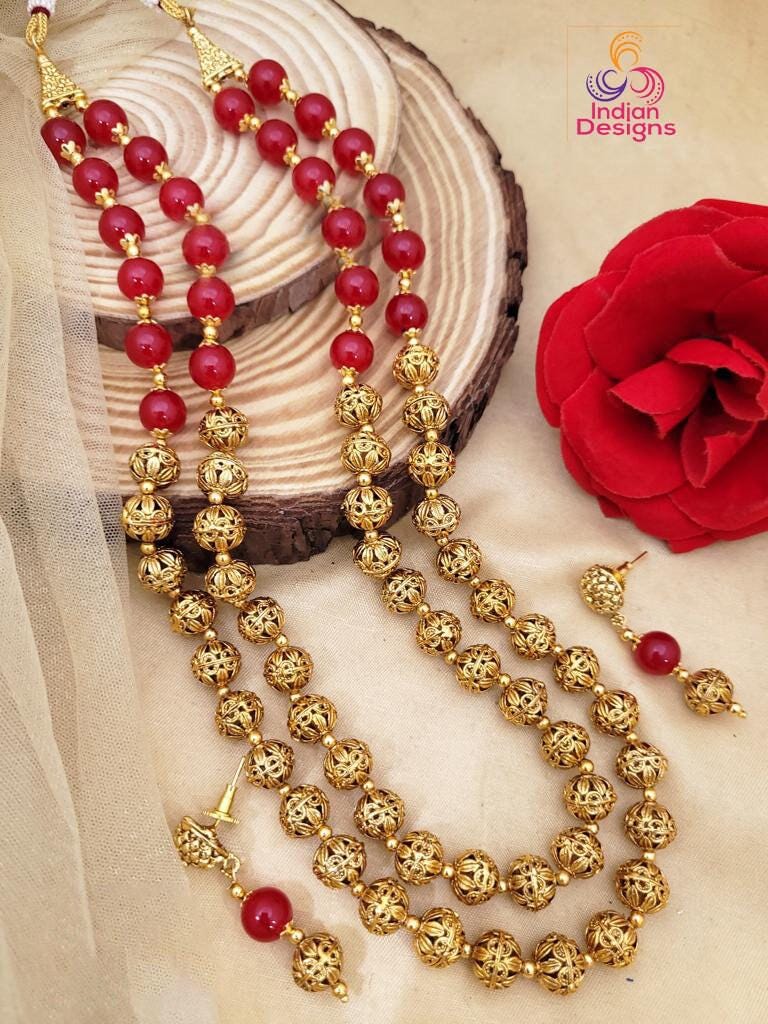Traditional Handcrafted Golden beads Long matar mala Necklace Earring set | 22 Inch Two layer Gold balls chain mala set |South Indian Jewelry