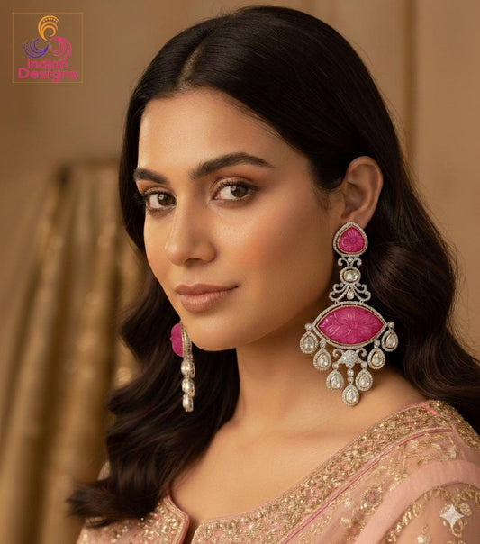 Carved Stone Earrings | Long Statement Earrings | American Diamond Earrings Kundan Stones | Bollywood Jewelry | Pakistani Kundan Earrings