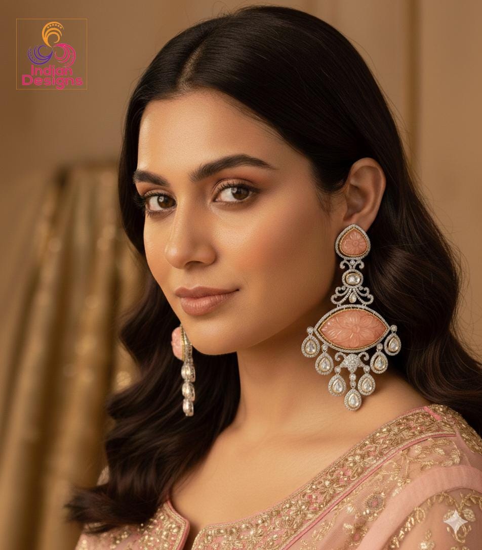 Carved Stone Earrings | Long Statement Earrings | American Diamond Earrings Kundan Stones | Bollywood Jewelry | Pakistani Kundan Earrings