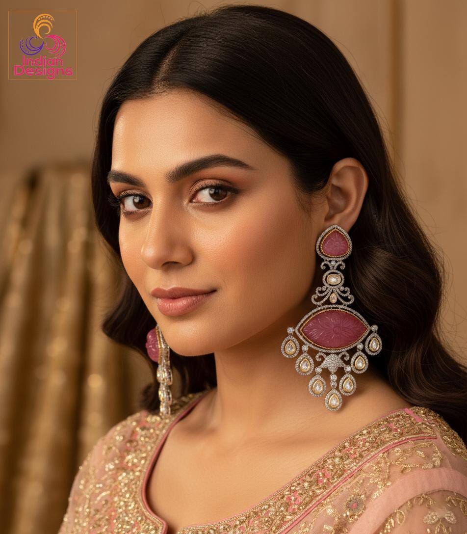 Carved Stone Earrings | Long Statement Earrings | American Diamond Earrings Kundan Stones | Bollywood Jewelry | Pakistani Kundan Earrings