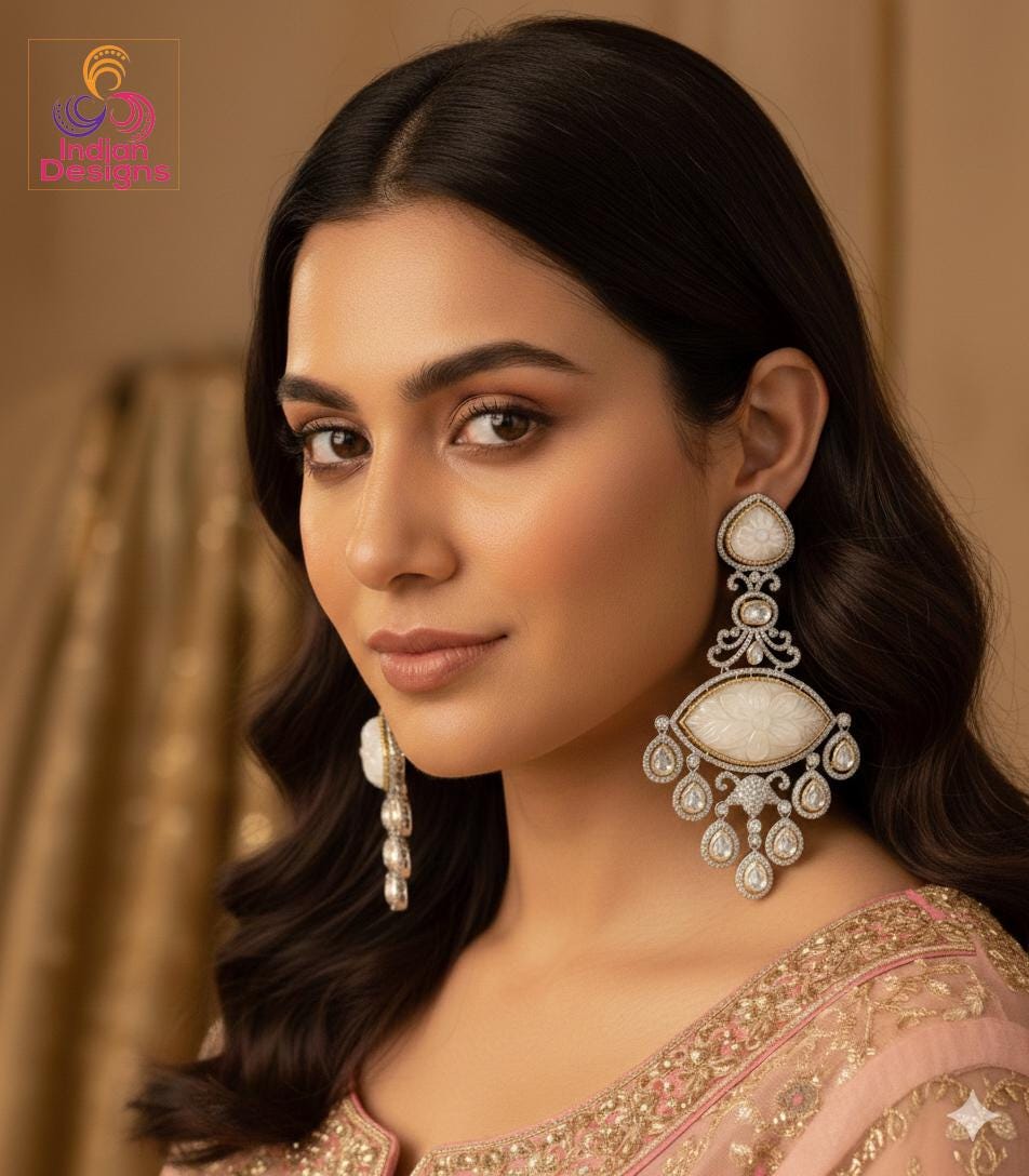 Carved Stone Earrings | Long Statement Earrings | American Diamond Earrings Kundan Stones | Bollywood Jewelry | Pakistani Kundan Earrings