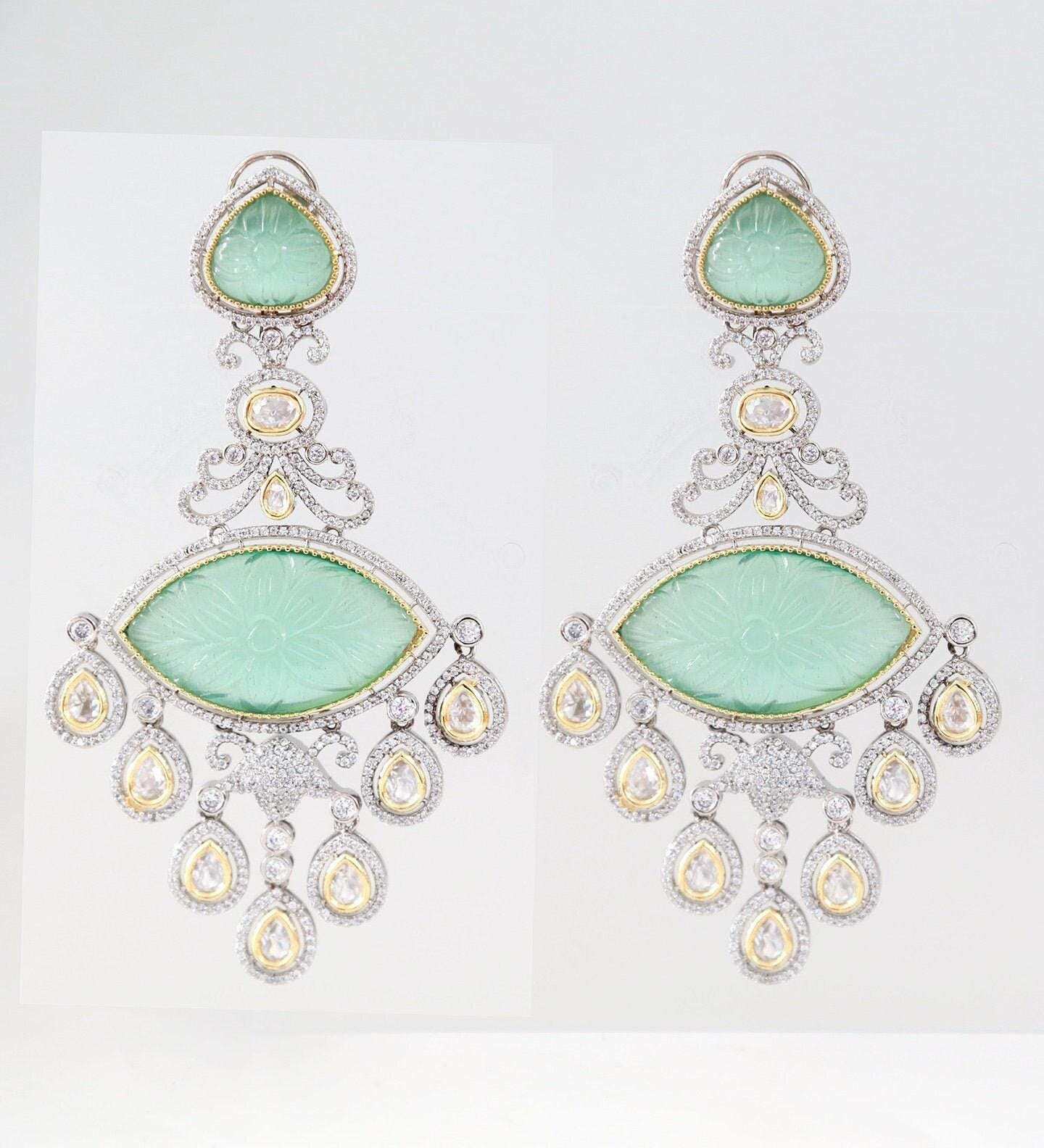 Carved Stone Earrings | Long Statement Earrings | American Diamond Earrings Kundan Stones | Bollywood Jewelry | Pakistani Kundan Earrings