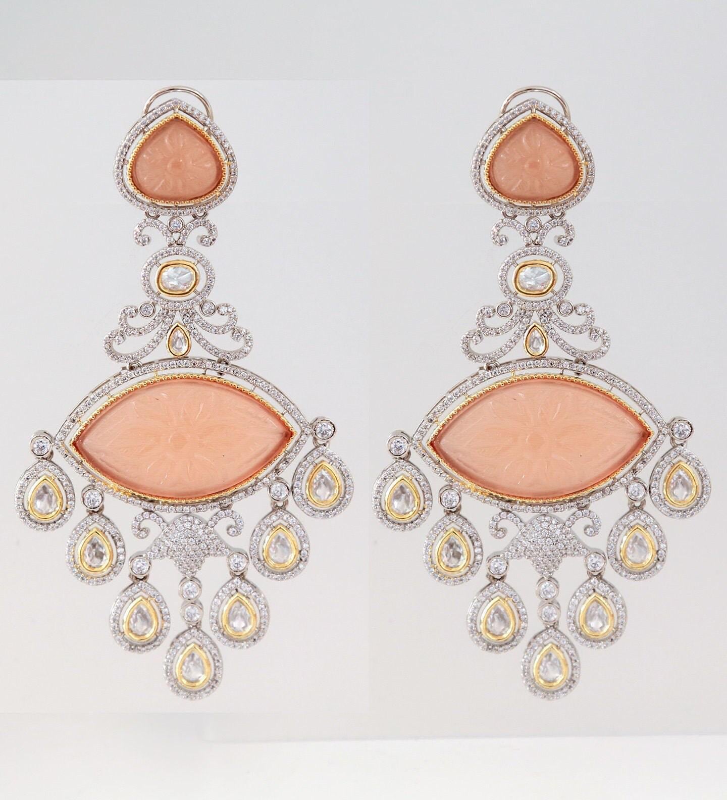 Carved Stone Earrings | Long Statement Earrings | American Diamond Earrings Kundan Stones | Bollywood Jewelry | Pakistani Kundan Earrings