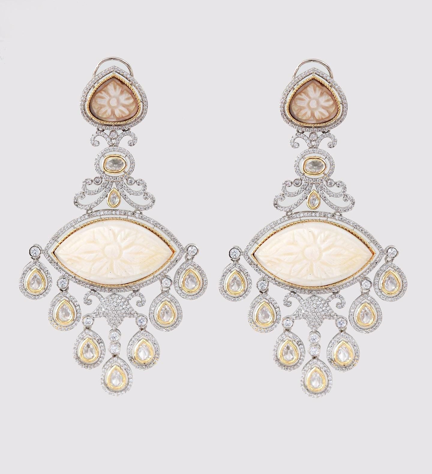 Carved Stone Earrings | Long Statement Earrings | American Diamond Earrings Kundan Stones | Bollywood Jewelry | Pakistani Kundan Earrings