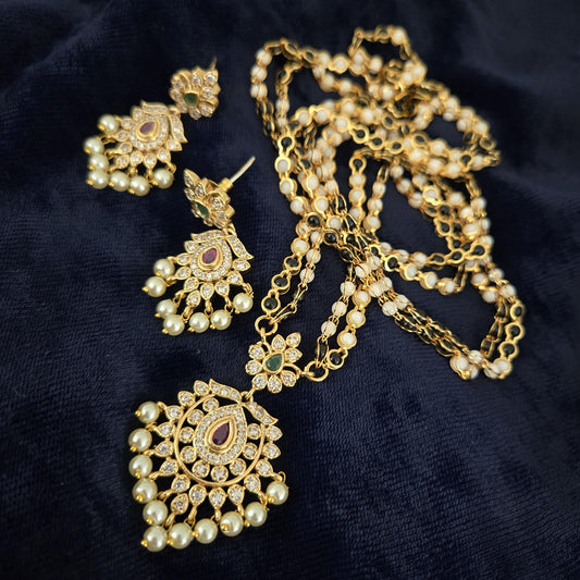 Matte Gold Plated Haram necklace and earring set with floral design|Traditional South Indian Jewelry|Bollywood Style CZ American Diamond Set