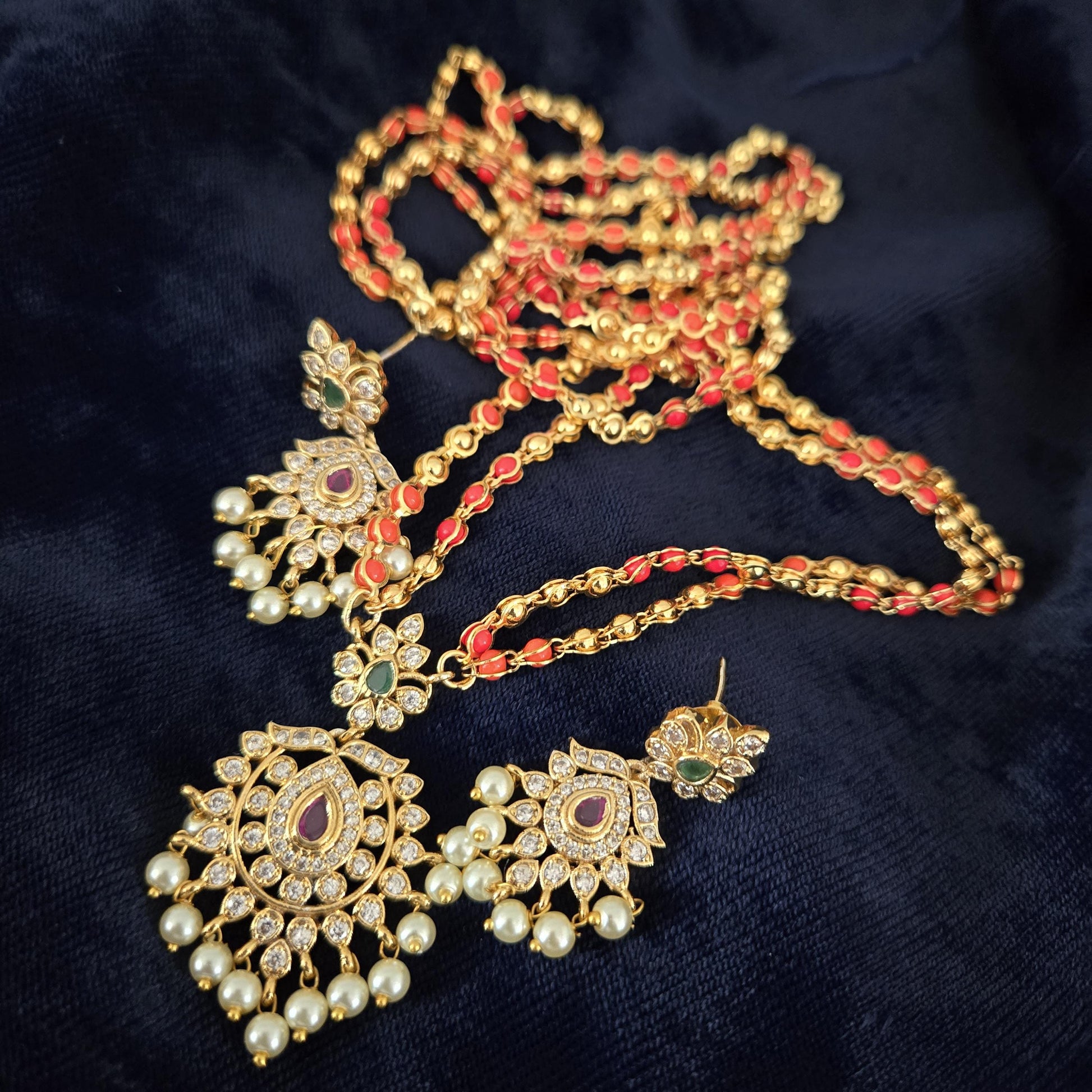 Matte Gold Plated Haram necklace and earring set with floral design|Traditional South Indian Jewelry|Bollywood Style CZ American Diamond Set