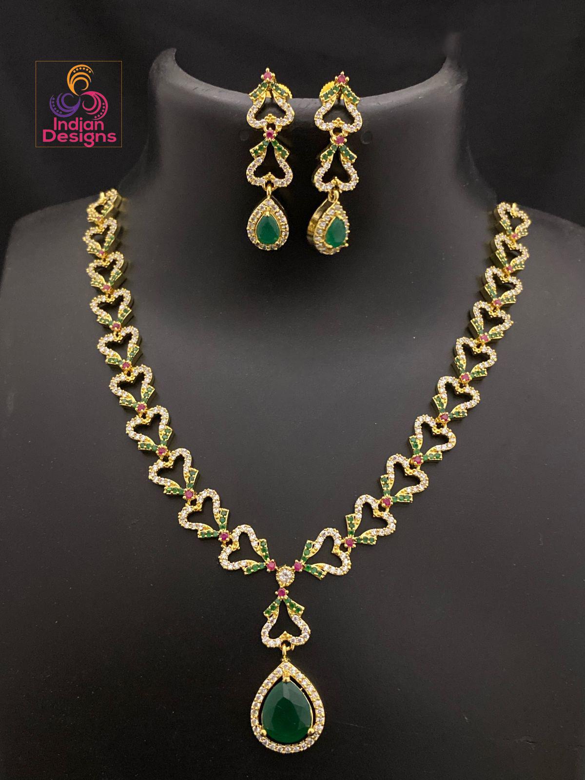Gold Plated Heart Link Necklace Set: Teardrop Pendant, CZ American Diamond