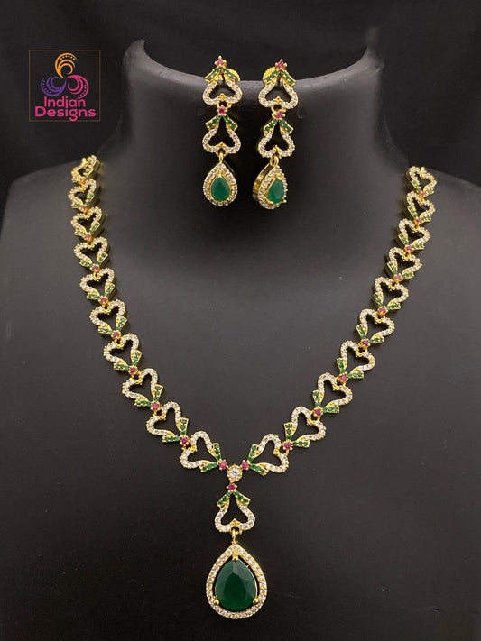 Gold Plated Heart Link Necklace Set: Teardrop Pendant, CZ American Diamond