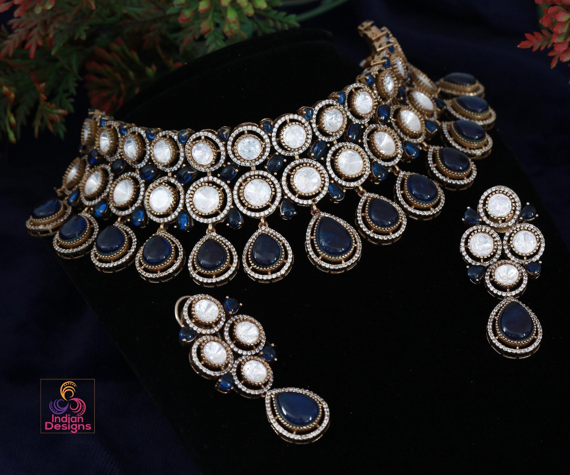 Moissanite kundan choker necklace earring set| victorian polish kundan jewelry| statement choker necklace| wedding jewelry| gift for her