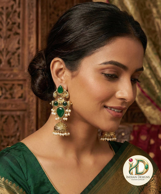 Latest antique gold jhumka designs with Pearl drops | Long Party jhumka Set with color stones