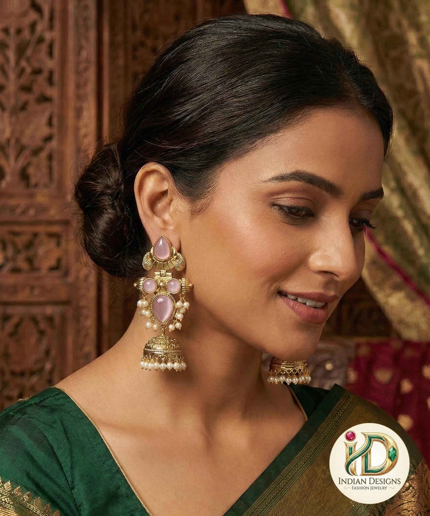 Latest antique gold jhumka designs with Pearl drops | Long Party jhumka Set with color stones