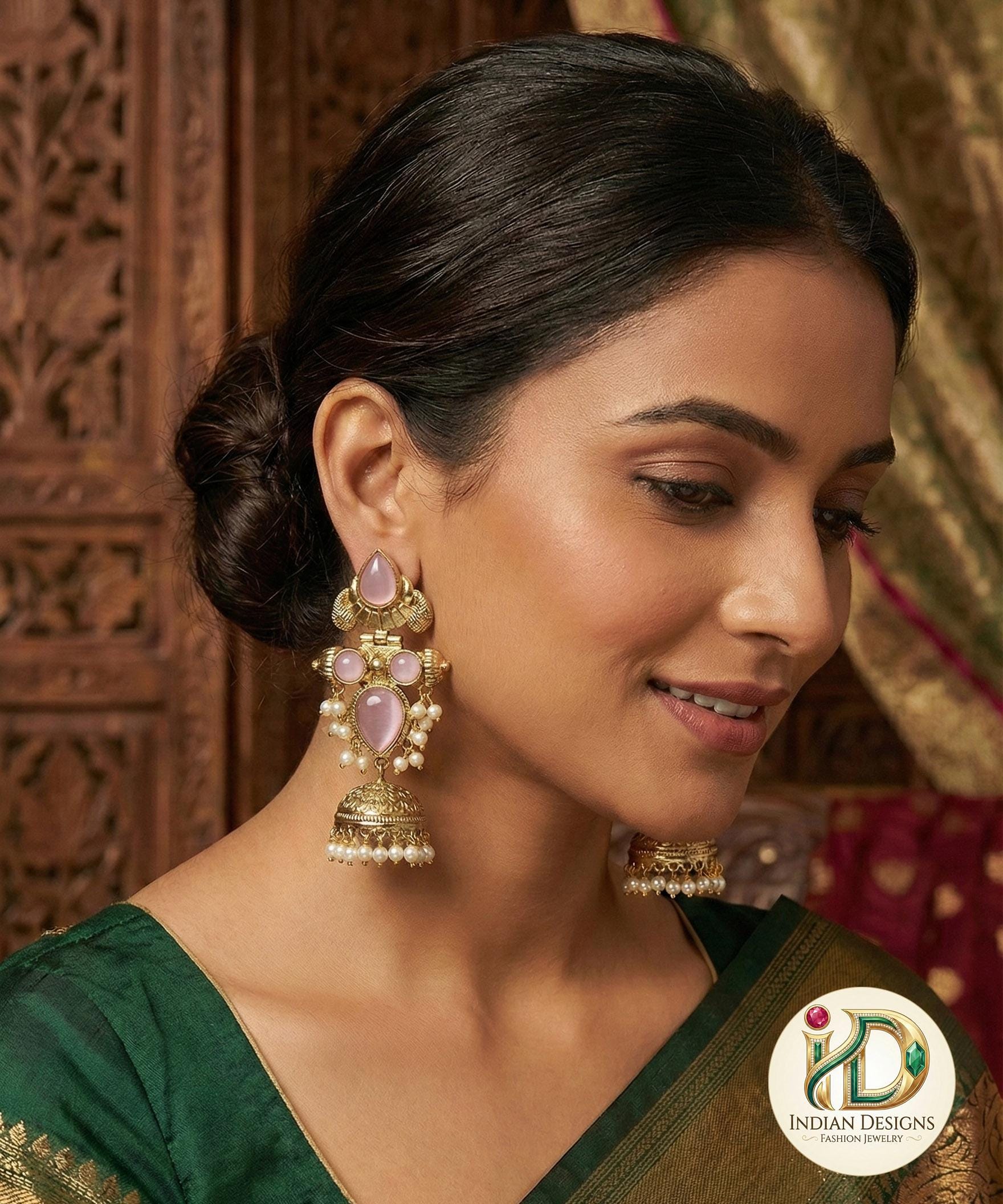 Latest antique gold jhumka designs with Pearl drops | Long Party jhumka Set with color stones