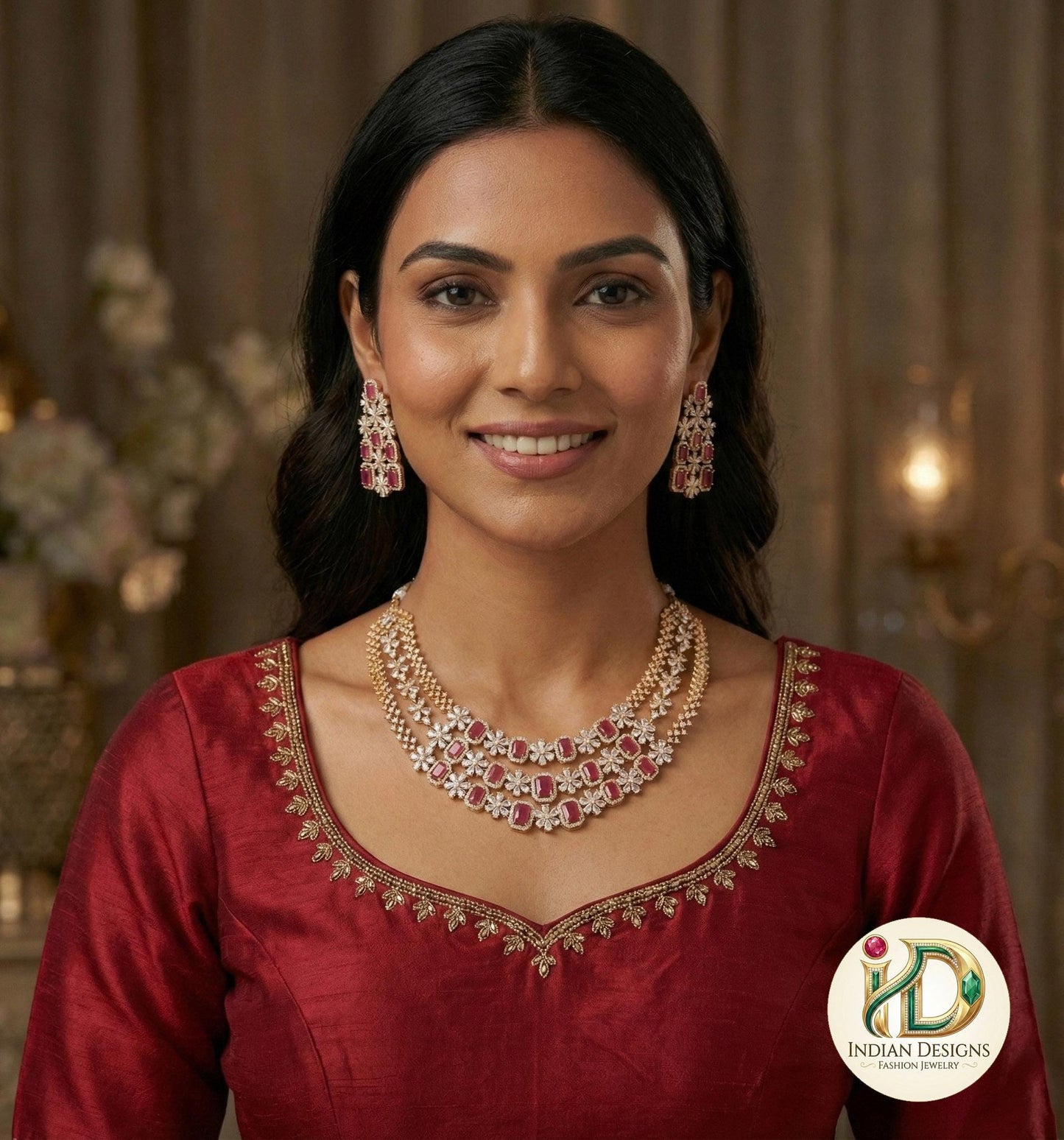 American Diamond Multi-Layer Necklace and Earrings set with CZ Topaz/Ruby Stones| Statement Wedding Necklace| Indian Jewelry| Gift for her