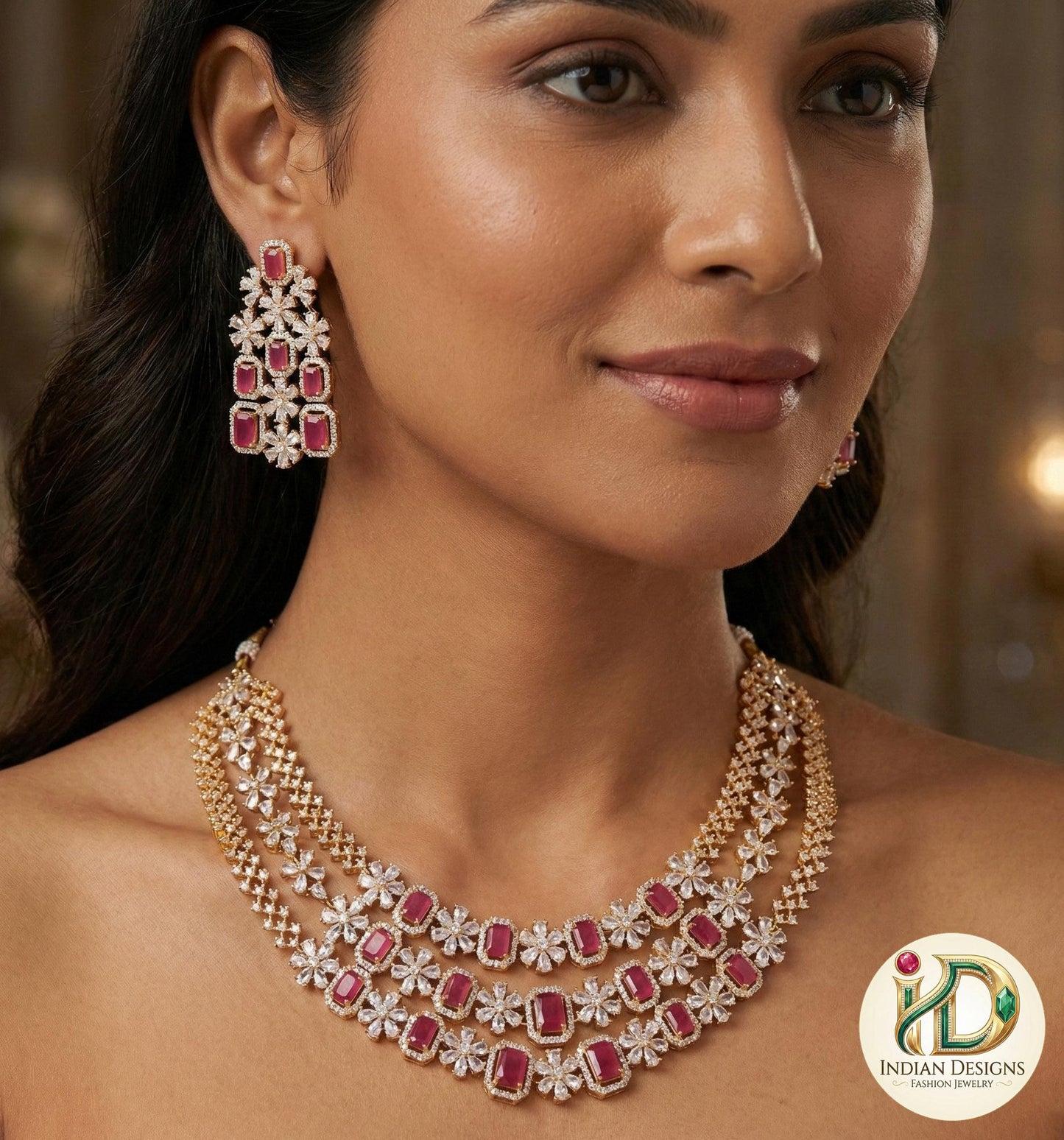 American Diamond Multi-Layer Necklace and Earrings set with CZ Topaz/Ruby Stones| Statement Wedding Necklace| Indian Jewelry| Gift for her