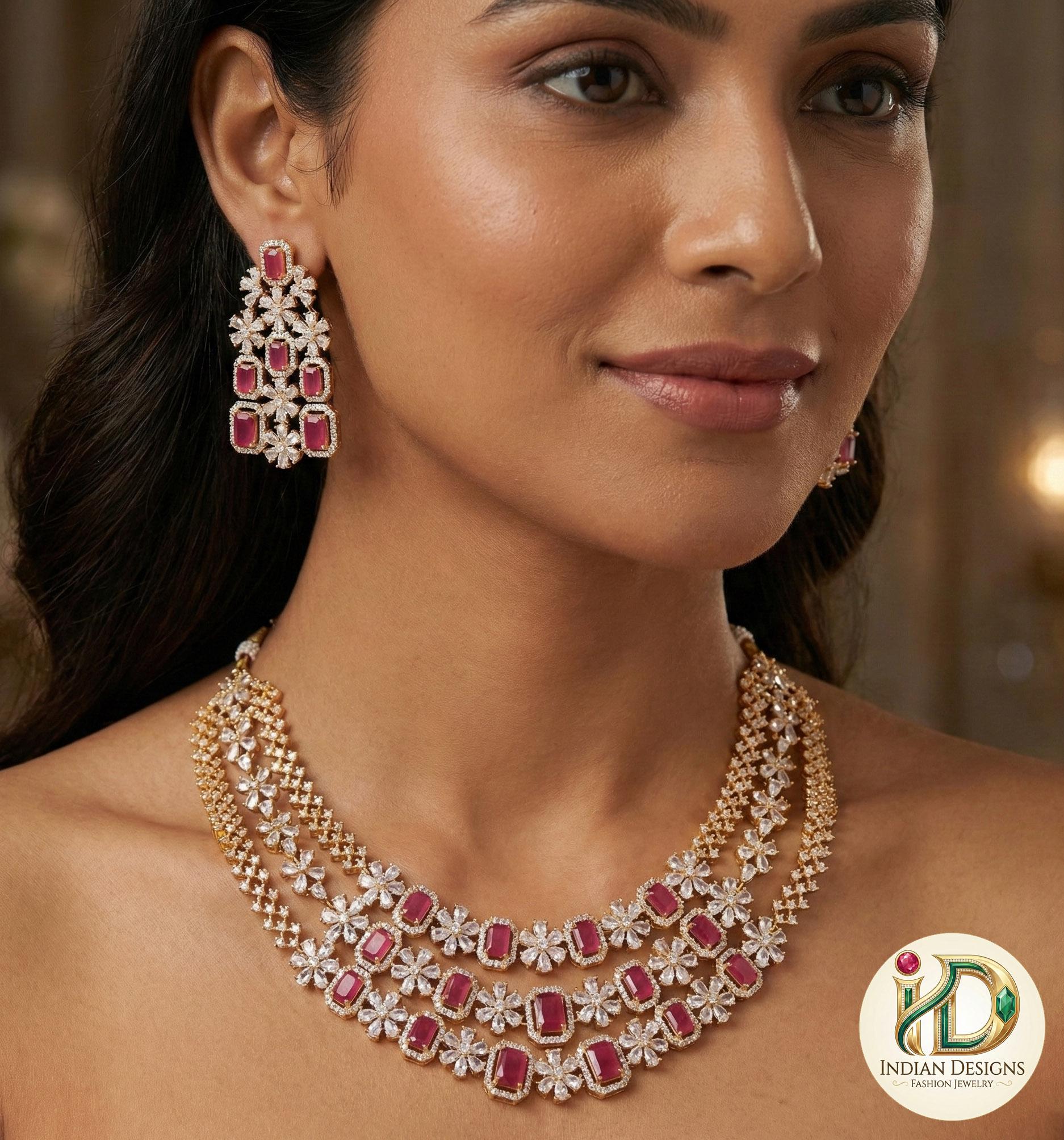 American Diamond Multi-Layer Necklace and Earrings set with CZ Topaz/Ruby Stones| Statement Wedding Necklace| Indian Jewelry| Gift for her