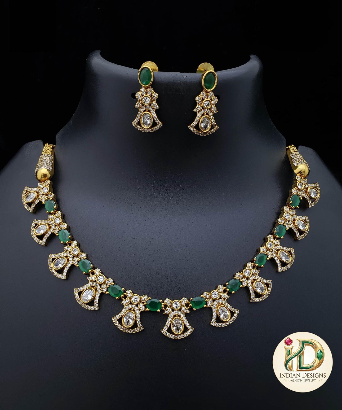 Antique Gold American Diamond Choker Necklace Set| AD stone Ruby Emerald Choker |Indian Party Jewelry| Statement Necklace| Gift for her