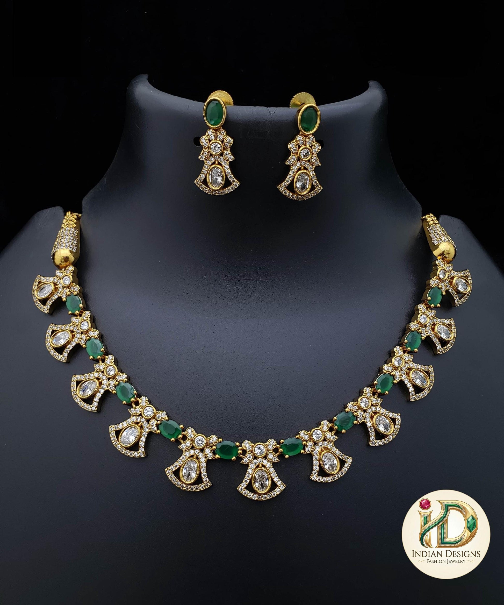 Antique Gold American Diamond Choker Necklace Set| AD stone Ruby Emerald Choker |Indian Party Jewelry| Statement Necklace| Gift for her