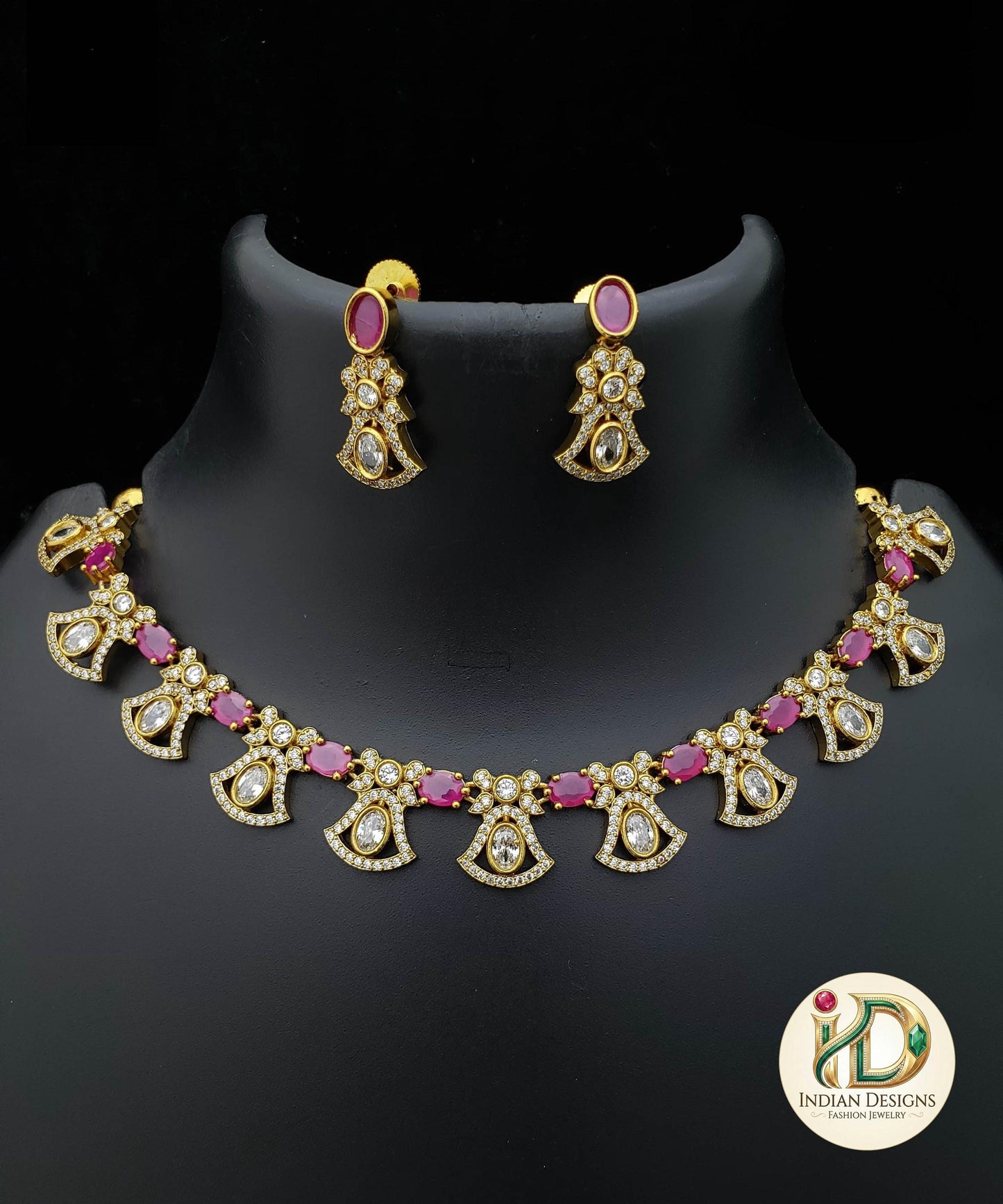Antique Gold American Diamond Choker Necklace Set| AD stone Ruby Emerald Choker |Indian Party Jewelry| Statement Necklace| Gift for her