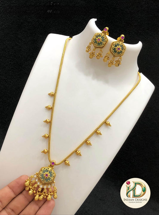 Hexagonal Green Stone Pendant Necklace| Antique Gold Long Chain, Green and Pink Stone Pendant| Minimalist Necklace| Gift for her