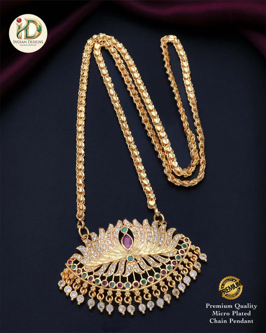 Gold Plated Lotus Pendant Chain Necklace| Traditional American Diamond Ruby Green Pendant Jewelry| South Indian style Wedding Pathakkam
