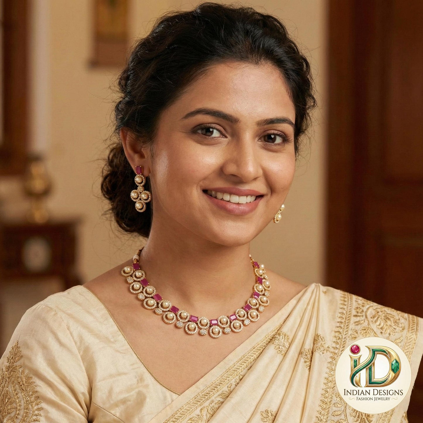 Ruby Emerald Pearl Necklace Set| AD Stone Choker with Earrings| Gold Plated Pearl & CZ Necklace Set|Indian Wedding Jewelry| Gift for Her