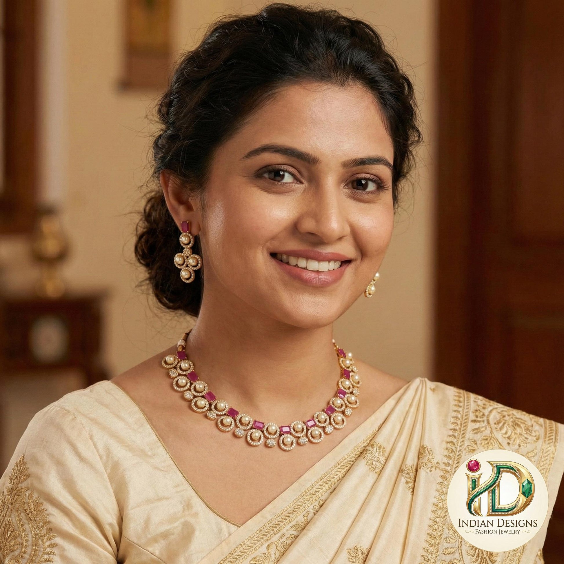 Ruby Emerald Pearl Necklace Set| AD Stone Choker with Earrings| Gold Plated Pearl & CZ Necklace Set|Indian Wedding Jewelry| Gift for Her