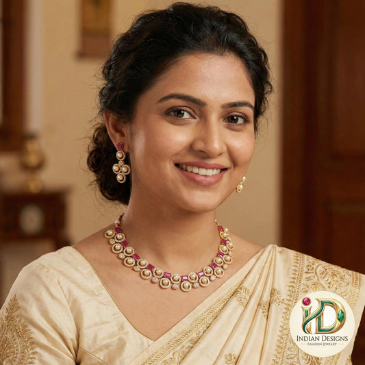 Ruby Emerald Pearl Necklace Set| AD Stone Choker with Earrings| Gold Plated Pearl & CZ Necklace Set|Indian Wedding Jewelry| Gift for Her