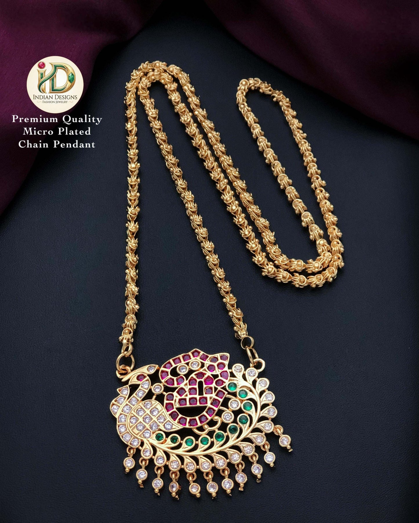 American Diamond Peacock Mugappu| Traditional |South Indian style Gold Plated Daily Wear Mala| Gold Plated Long Necklace & CZ Stone Pendant