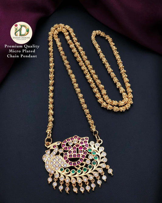 American Diamond Peacock Mugappu| Traditional |South Indian style Gold Plated Daily Wear Mala| Gold Plated Long Necklace & CZ Stone Pendant